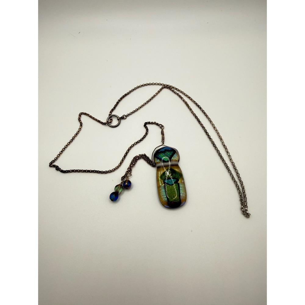 Artisan Dichroic Fused Glass Pendant Necklace Green Blue Iridescent Wire Wrapped